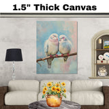 Elegant Lovebirds Perched on a Branch with Soft Blue and Pink Pastel Background on Ready to Hang 1.5" Thick Canvas Wrap, Floating Framed Canvas, Flat Rolled Canvas