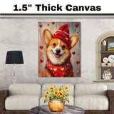 Love and Loyalty: Corgi in a Red Heart-Themed Top and Hat Adorable Romantic Painting on Ready to Hang 1.5" Thick Canvas Wrap, Floating Framed Canvas, Flat Rolled Canvas
