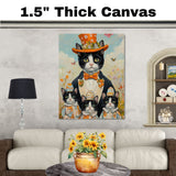 Whimsical Easter Charm: Tuxedo Cat Mom and Three Kittens in Festive Egg Hats on Ready to Hang 1.5" Thick Canvas Wrap, Floating Framed Canvas, Flat Rolled Canvas