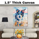 Watercolor Painting of a Multicolored Dog on the Beach – Energetic Coastal Pet Art Print in Vibrant Colors on Ready to Hang 1.5" Thick Canvas Wrap, Floating Framed Canvas, Flat Rolled Canvas