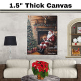 Santa Claus by the Fireplace – Rustic Christmas Cabin Wall Art Print on Ready to Hang 1.5" Thick Canvas Wrap, Floating Framed Canvas, Flat Rolled Canvas