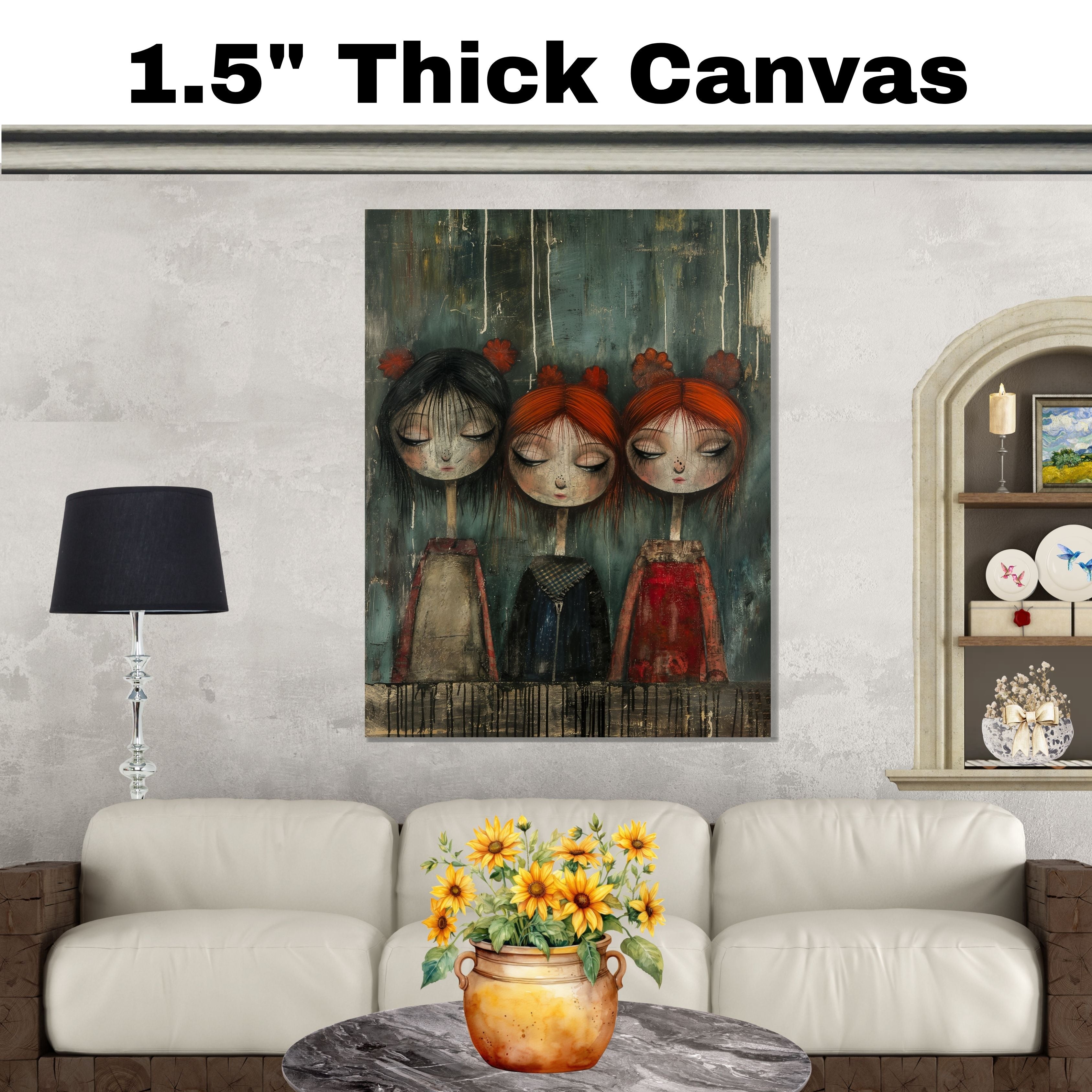 Emotional Trio of Girls Moody Hand Painted Art Deep and Expressive Portrait Perfect for Home Wall Decor Living Room Bedroom Office or Unique Gift on Ready to Hang 1.5" Thick Canvas Wrap, Floating Framed Canvas, Flat Rolled Canvas