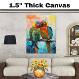 Colorful Parrot Pair Artwork Featuring Tropical Birds with Vibrant Feathers in Red Blue Green and Yellow Sitting Close Together on a Branch with Bold Abstract Backdrop on Ready to Hang 1.5" Thick Canvas Wrap, Floating Framed Canvas, Flat Rolled Canvas