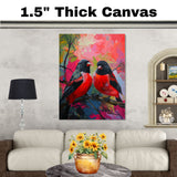 Pair of Red and Black Birds in Abstract Nature Scene – Vivid Modern Painting with Colorful Background Expressing Energy, Contrast, and Harmony in Nature on Ready to Hang 1.5" Thick Canvas Wrap, Floating Framed Canvas, Flat Rolled Canvas