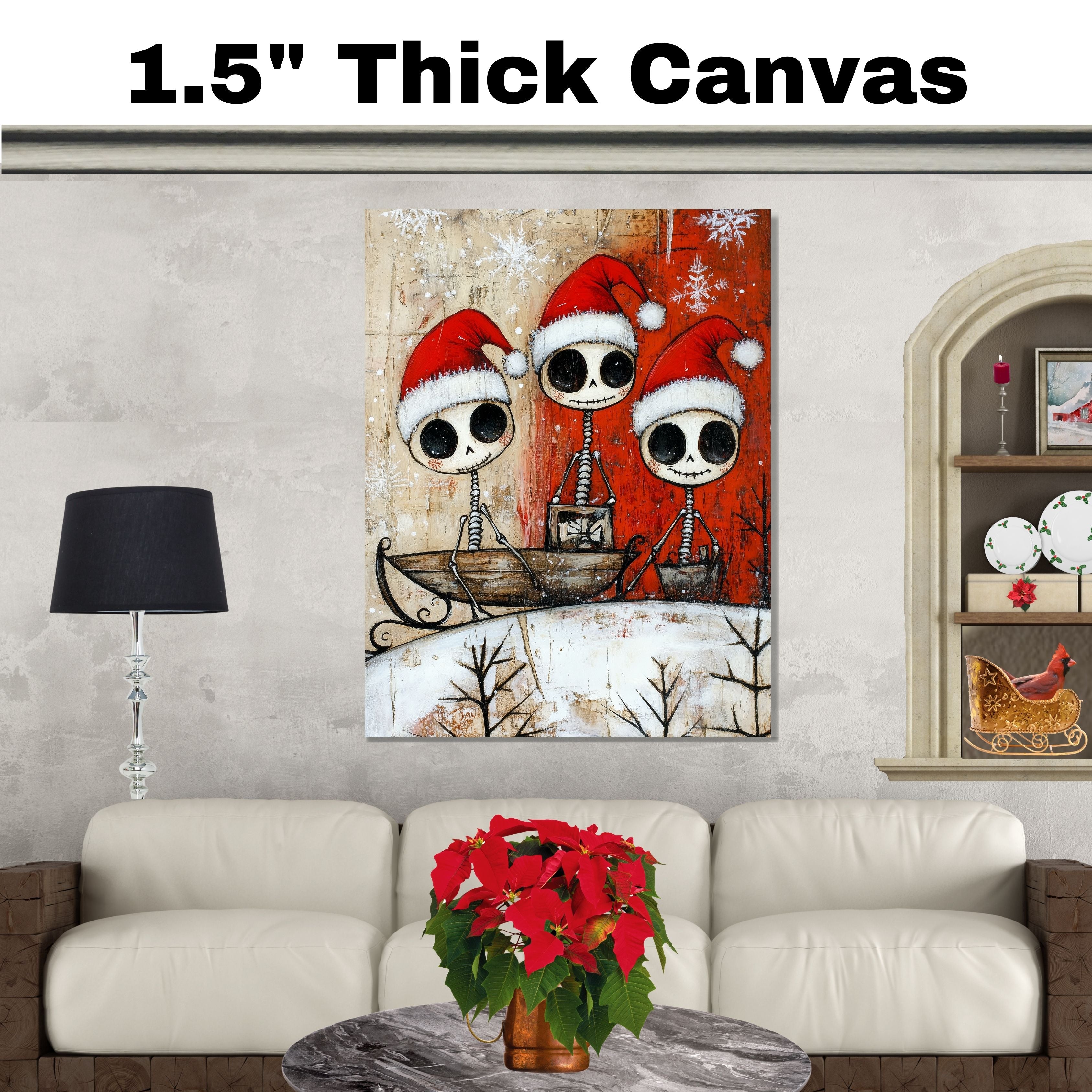 Cute Skeleton Trio Sleigh Ride Christmas Art Print – Whimsical Gothic Holiday Decor with Santa Hats & Gifts, Alternative Winter Wall Art for Spooky Season Lovers on Ready to Hang 1.5" Thick Canvas Wrap, Floating Framed Canvas, Flat Rolled Canvas