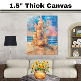 Watercolor Painting of a Whimsical Sandcastle by the Sea with Turrets and Ocean Backdrop in a Dreamy Fantasy Coastal Style on Ready to Hang 1.5" Thick Canvas Wrap, Floating Framed Canvas, Flat Rolled Canvas