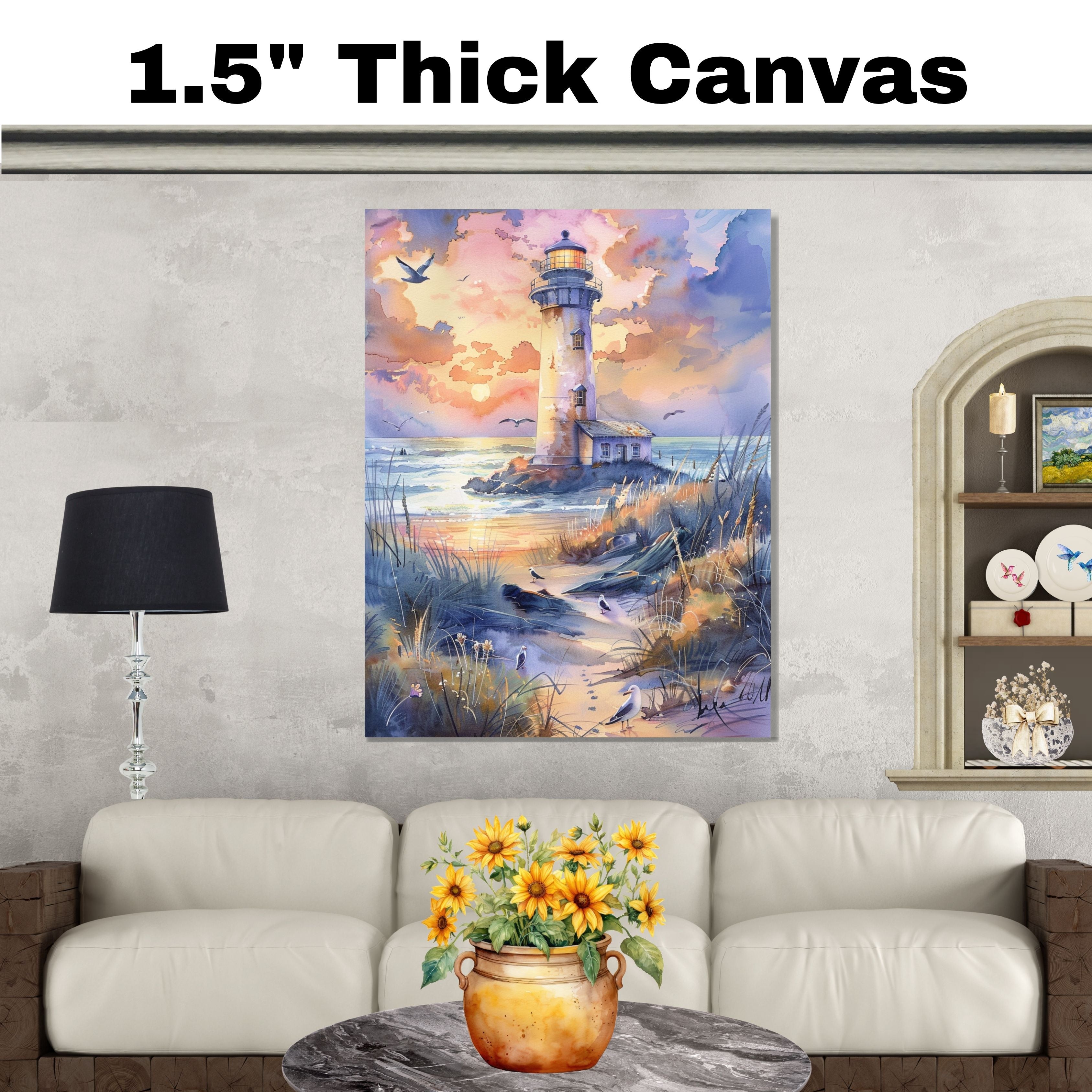 Charming Lighthouse by Ocean Shore at Sunset with Beach Path Seabirds and Colorful Sky in Serene Watercolor Scene on Ready to Hang 1.5" Thick Canvas Wrap, Floating Framed Canvas, Flat Rolled Canvas