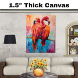 Elegant Flamingo Pair Artwork Featuring Shades of Pink Red and Orange Feathers Standing on One Leg Against a Colorful Abstract Background of Soft Pastels on Ready to Hang 1.5" Thick Canvas Wrap, Floating Framed Canvas, Flat Rolled Canvas