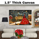 Elegant Christmas Folk Art with Lady in Red Gown, Snowy Village, Reindeer, Starry Sky, and Decorated Tree at Night on Ready to Hang 1.5" Thick Canvas Wrap, Floating Framed Canvas, Flat Rolled Canvas