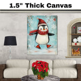 Whimsical Christmas Penguin Ice Skating in Red Scarf and Santa Hat – Cheerful Holiday Animal Art for Winter Nursery Decor, Gifts, or Seasonal Wall Accents on Ready to Hang 1.5" Thick Canvas Wrap, Floating Framed Canvas, Flat Rolled Canvas