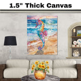 Watercolor Painting of a Colorful Seahorse by the Sea with Ocean Waves and Sandy Shoreline on Ready to Hang 1.5" Thick Canvas Wrap, Floating Framed Canvas, Flat Rolled Canvas