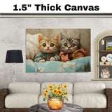 Painting of Two Cute Kittens in Colorful Pajamas Sitting Together Under a Blanket with Big Eyes and Soft Fur in a Cozy Setting with Warm Expressive Brush Strokes on Ready to Hang 1.5" Thick Canvas Wrap, Floating Framed Canvas, Flat Rolled Canvas