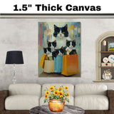 Chic Shopping Spree: Tuxedo Cat Mom Carrying Four Kittens in Paper Bags on Ready to Hang 1.5" Thick Canvas Wrap, Floating Framed Canvas, Flat Rolled Canvas
