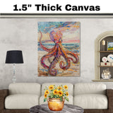 Watercolor Painting of a Vibrant Multicolored Octopus on Sandy Beach with Ocean Waves and Colorful Sunset Sky Background on Ready to Hang 1.5" Thick Canvas Wrap, Floating Framed Canvas, Flat Rolled Canvas