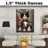 United We Purr: Tuxedo Cat Mom with Three Kittens in a Patriotic Scene - Delightful American-Themed Painting on Ready to Hang 1.5" Thick Canvas Wrap, Floating Framed Canvas, Flat Rolled Canvas