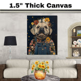 Bulldog Wall Art Cute Dog in Floral Crown and Overalls Farmhouse Nursery Decor Adorable Dog Lovers Gift Whimsical Bedroom Cottagecore Country Wall Art on Ready to Hang 1.5" Thick Canvas Wrap, Floating Framed Canvas, Flat Rolled Canvas