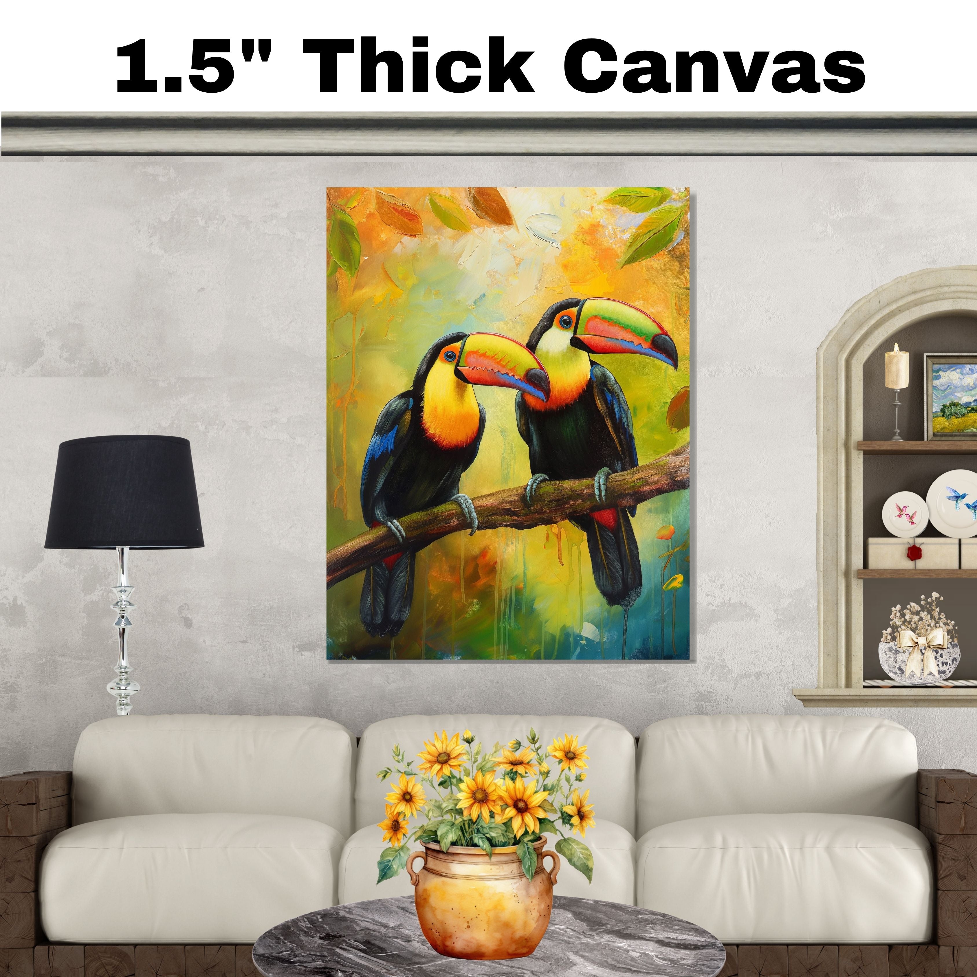 Colorful Toucan Pair with Rainbow Beaks on Tree Branch in a Tropical Setting Surrounded by Autumn Leaves and a Golden Jungle Background on Ready to Hang 1.5" Thick Canvas Wrap, Floating Framed Canvas, Flat Rolled Canvas