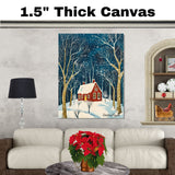 Snowy Forest Scene with Red House, Tall Golden Trees, and Falling Snow Under a Peaceful Starry Winter Night Sky on Ready to Hang 1.5" Thick Canvas Wrap, Floating Framed Canvas, Flat Rolled Canvas