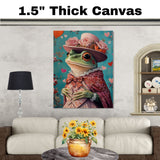 Regal Enchantment: Whimsical Green Frog in a Victorian-Era European Dress and Hat Charming Heartfelt Artwork on Ready to Hang 1.5" Thick Canvas Wrap, Floating Framed Canvas, Flat Rolled Canvas