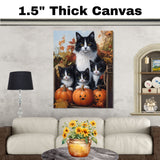 Cozy Fall Gathering: Tuxedo Cat Mom and Three Kittens with Pumpkin on Ready to Hang 1.5" Thick Canvas Wrap, Floating Framed Canvas, Flat Rolled Canvas