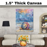 Watercolor Painting of a Multicolored Snail on Beach with Starry Sky and Ocean Horizon in a Vibrant Night Coastal Scene on Ready to Hang 1.5" Thick Canvas Wrap, Floating Framed Canvas, Flat Rolled Canvas