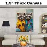 Charming Painting of Two Adorable Raccoons in Colorful Coats with Big Eyes and Sweet Expressions Ideal for Kids Rooms or Animal Lovers and Whimsical Art Fans on Ready to Hang 1.5" Thick Canvas Wrap, Floating Framed Canvas, Flat Rolled Canvas