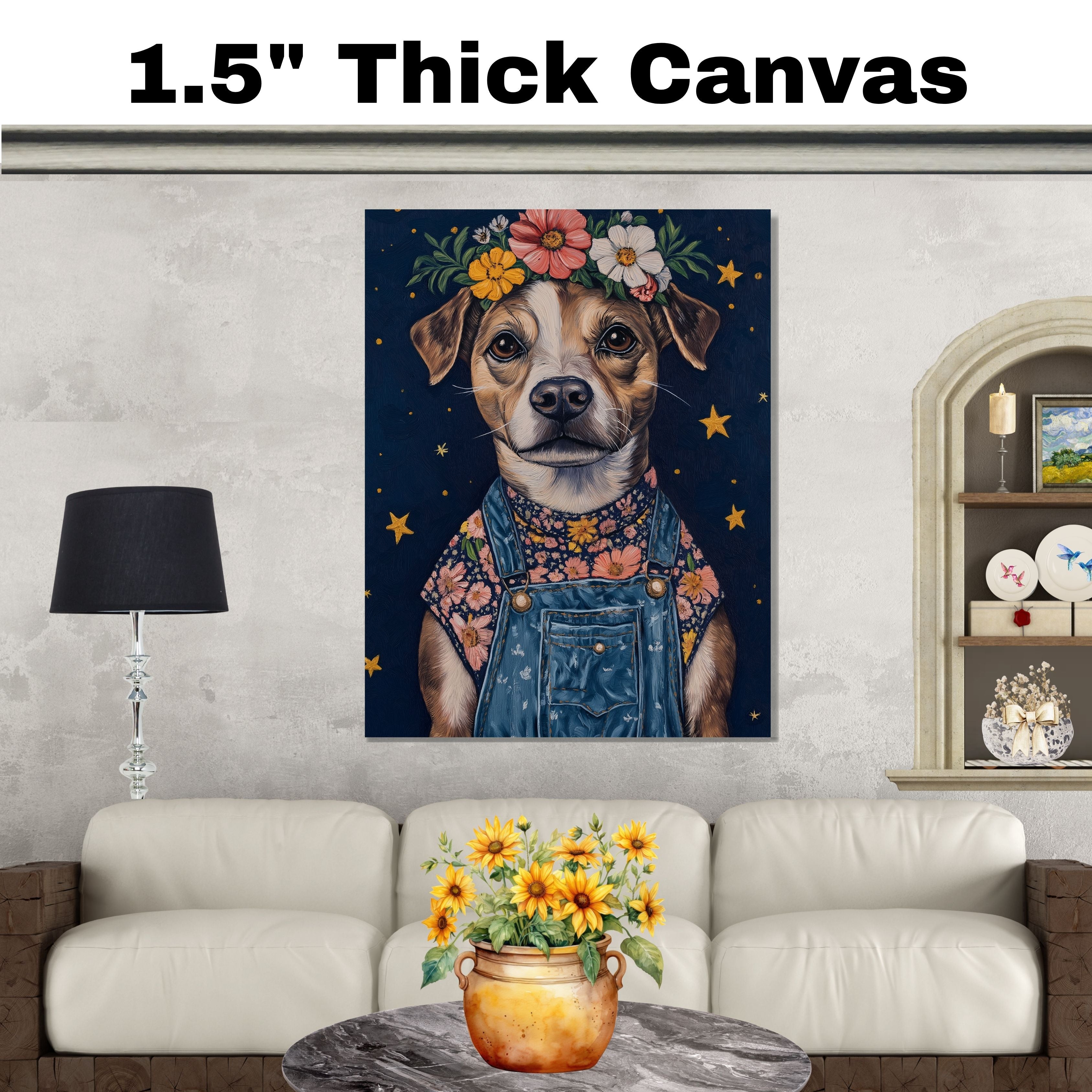 Dog Wearing Overalls and Floral Crown Art Whimsical Animal Painting for Nursery Farmhouse Decor Dog Lover Gift Cute Rustic Wall Print for Bedroom or Living Room on Ready to Hang 1.5" Thick Canvas Wrap, Floating Framed Canvas, Flat Rolled Canvas