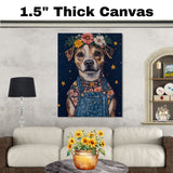 Dog Wearing Overalls and Floral Crown Art Whimsical Animal Painting for Nursery Farmhouse Decor Dog Lover Gift Cute Rustic Wall Print for Bedroom or Living Room on Ready to Hang 1.5" Thick Canvas Wrap, Floating Framed Canvas, Flat Rolled Canvas