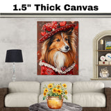 Regal Charm: Shetland Sheepdog in a Bold Red Suit and Hat on Ready to Hang 1.5" Thick Canvas Wrap, Floating Framed Canvas, Flat Rolled Canvas