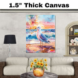 Seagull by Ocean Shore in Vivid Sunset Watercolor Scene with Crashing Waves and Colorful Sky Background on Ready to Hang 1.5" Thick Canvas Wrap, Floating Framed Canvas, Flat Rolled Canvas