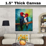 Two Red Headed Birds on Branch with Deep Blue Feathers and Bright Green Background in a Romantic Wildlife Painting Filled with Nature’s Vibrant Beauty on Ready to Hang 1.5" Thick Canvas Wrap, Floating Framed Canvas, Flat Rolled Canvas
