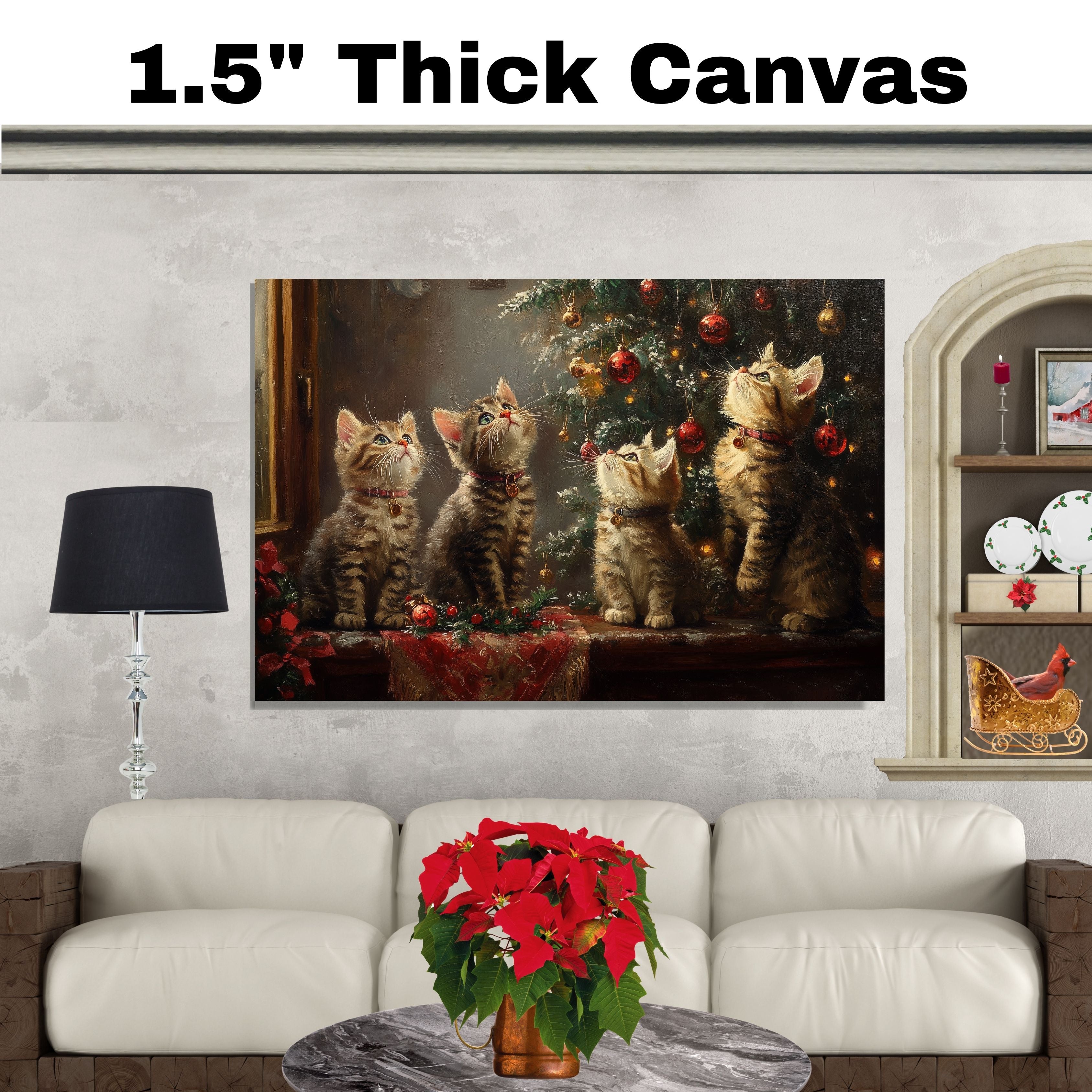 "Christmas Magic: Four Adorable Kittens Under the Tree" Ð Retro Holiday Painting on Ready to Hang 1.5" Thick Canvas Wrap, Floating Framed Canvas, Flat Rolled Canvas