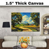 Winding Country Road with Barn and Fields Under Blue Sky – Sunny Summer Folk Art Landscape Print on Ready to Hang 1.5" Thick Canvas Wrap, Floating Framed Canvas, Flat Rolled Canvas