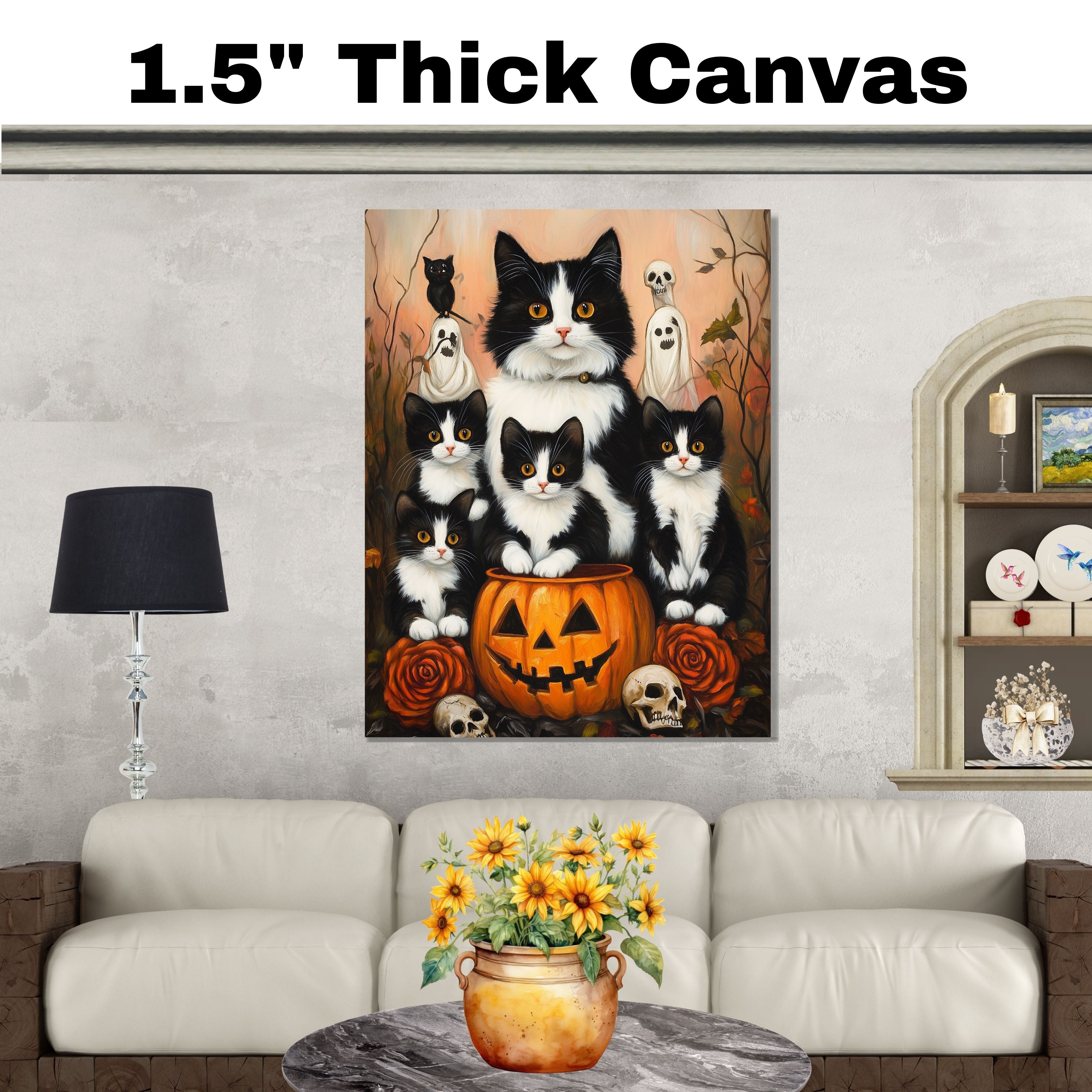 Haunting Whispers: Tuxedo Cat Mom and Four Kittens in a Spooky Forest on Ready to Hang 1.5" Thick Canvas Wrap, Floating Framed Canvas, Flat Rolled Canvas