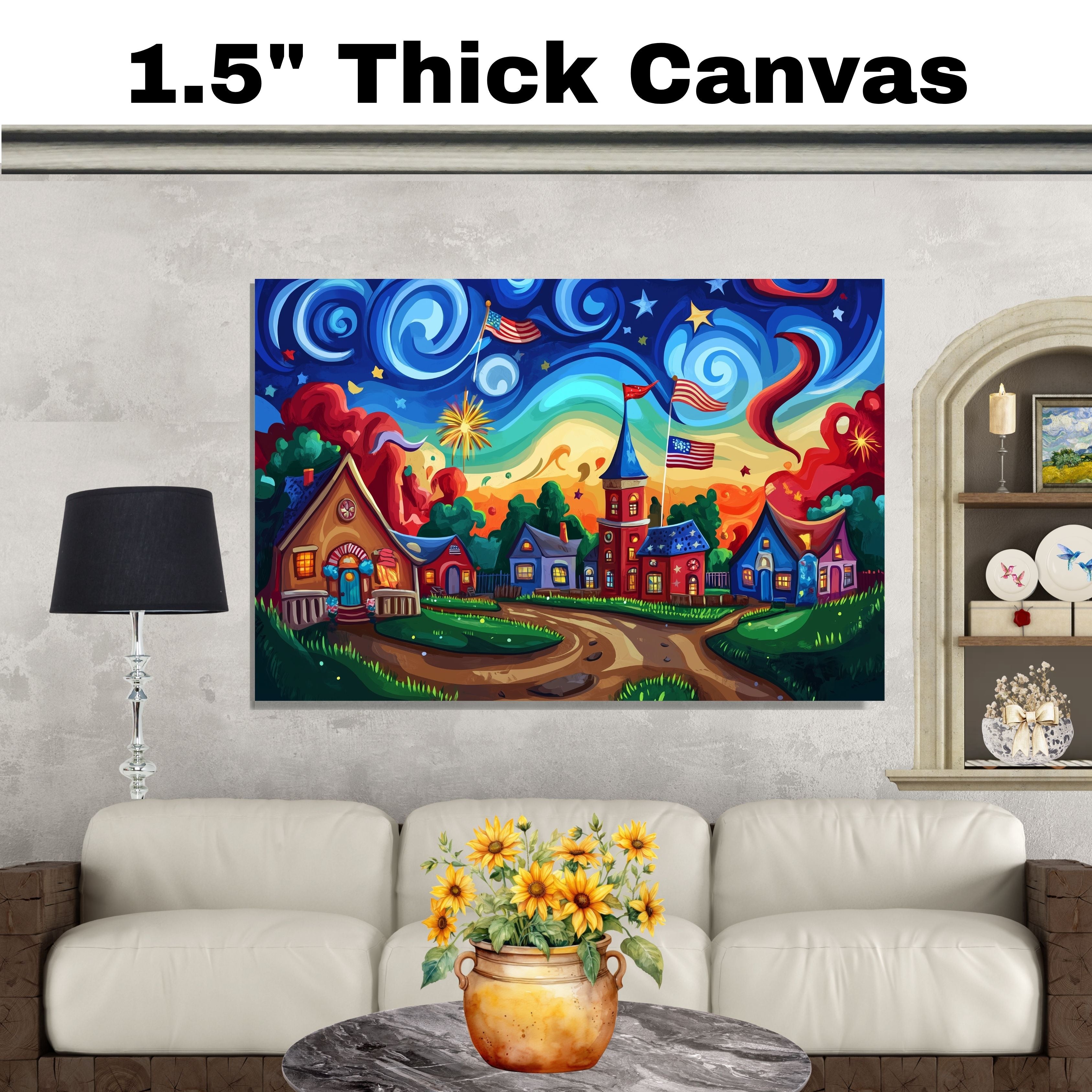 Colorful 4th of July Village with Fireworks, American Flags, and Swirling Sky, Whimsical Sunset Scene with Bold Colors and Playful Patriotic Celebration on Ready to Hang 1.5" Thick Canvas Wrap, Floating Framed Canvas, Flat Rolled Canvas