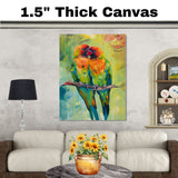 Expressive Parrot Pair Artwork Featuring Bright Orange and Green Feathers on a Branch with Lush Abstract Jungle Background in Bold Textured Brushstrokes on Ready to Hang 1.5" Thick Canvas Wrap, Floating Framed Canvas, Flat Rolled Canvas