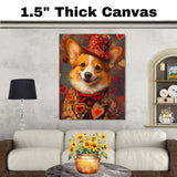Aristocratic Love: Corgi in an Elegant European Red Dress and Hat with a Heartfelt Touch Timeless Painting on Ready to Hang 1.5" Thick Canvas Wrap, Floating Framed Canvas, Flat Rolled Canvas