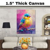 Charming Baby Bird with Blue Feathers and Pink Yellow Plumage Sitting on Branch Painted in Dreamy Pastel Strokes for Serene Colorful Interiors on Ready to Hang 1.5" Thick Canvas Wrap, Floating Framed Canvas, Flat Rolled Canvas