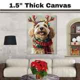 Rustic Joy' - Bernedoodle Dog with Lighted Antlers & Cozy Scarf on Rustic Canvas, Ready to Hang 1.5" Thick Canvas Wrap, Floating Framed Canvas, Flat Rolled Canvas