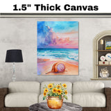 Watercolor Painting of a Multicolored Snail on a Sandy Beach with Ocean Waves and Vibrant Pastel Sky in Coastal Style on Ready to Hang 1.5" Thick Canvas Wrap, Floating Framed Canvas, Flat Rolled Canvas