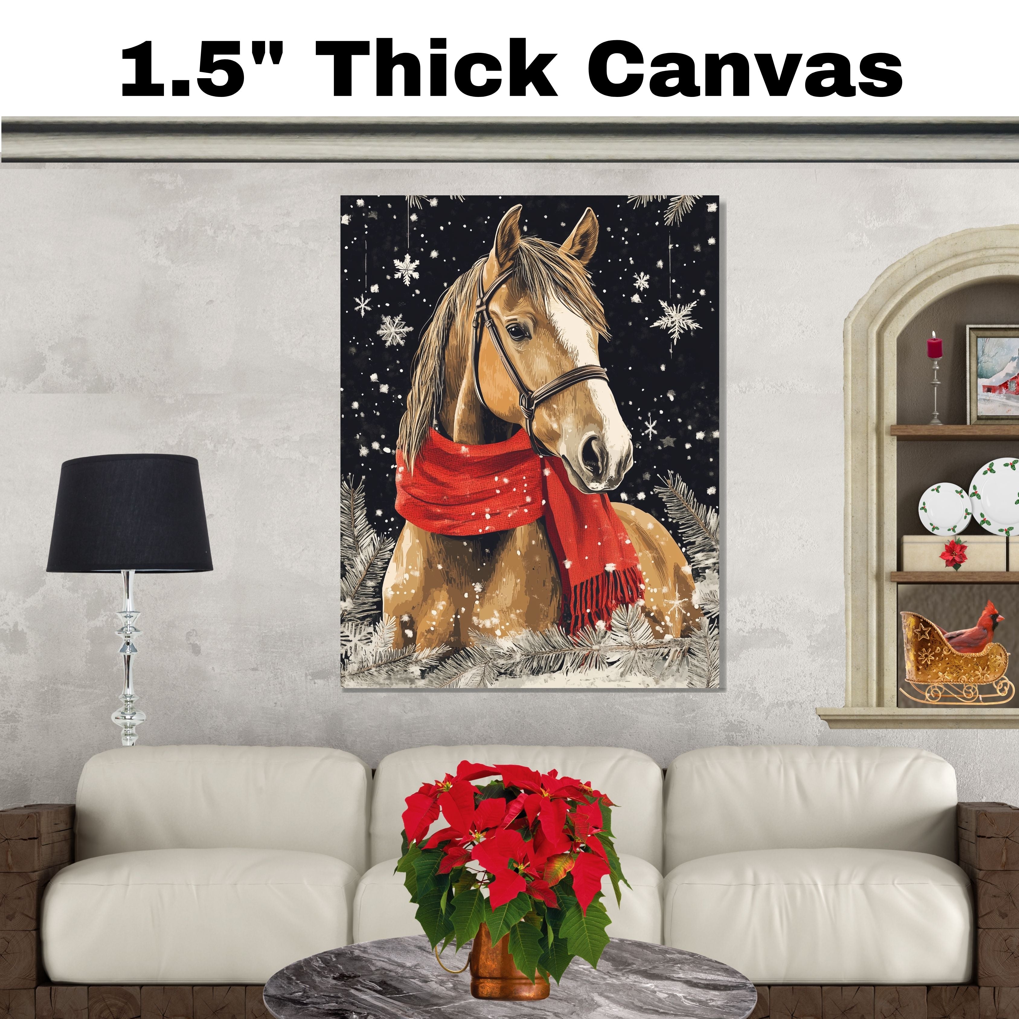 "Frosted Grace Horse" - Horse in Red Scarf Standing in Snowy Winter Scene on Ready to Hang 1.5" Thick Canvas Wrap, Floating Framed Canvas, Flat Rolled Canvas