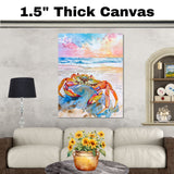 Watercolor Painting of a Multicolored Crab on the Beach – Coastal Ocean Art Print with Sunset Sky and Waves on Ready to Hang 1.5" Thick Canvas Wrap, Floating Framed Canvas, Flat Rolled Canvas