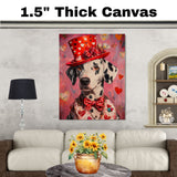 Victorian Romance: Dalmatian in a Pink Heart-Patterned Suit and Hat Elegant European-Inspired Painting on Ready to Hang 1.5" Thick Canvas Wrap, Floating Framed Canvas, Flat Rolled Canvas