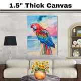 Vibrant Red Macaw Watercolor Painting with Colorful Feathers and Ocean Background on Ready to Hang 1.5" Thick Canvas Wrap, Floating Framed Canvas, Flat Rolled Canvas