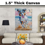 Energetic Watercolor Dog Running on Beach with Splashing Sand and Ocean Waves in Vibrant Coastal Pet Art on Ready to Hang 1.5" Thick Canvas Wrap, Floating Framed Canvas, Flat Rolled Canvas