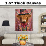 Regal Charm: Highland Cattle in a Victorian-Era European Suit and Hat Whimsical Heartfelt Artwork on Ready to Hang 1.5" Thick Canvas Wrap, Floating Framed Canvas, Flat Rolled Canvas