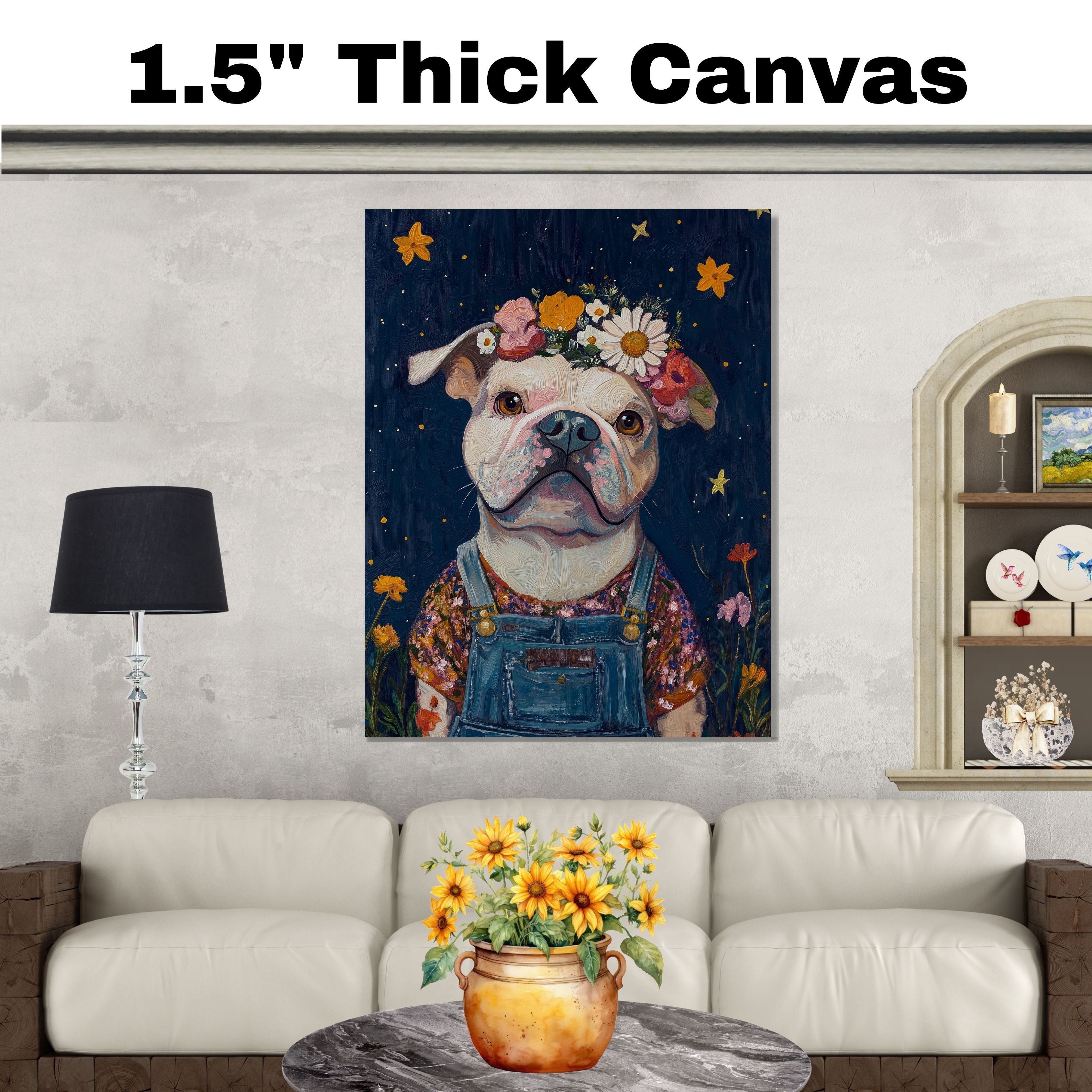 Cute Plump Dog in Overalls Painting Adorable Floral Crown Pup Artwork Perfect for Cozy Home Office Nursery Dog Lovers Wall Decor Gift for Pet and Art Enthusiasts on Ready to Hang 1.5" Thick Canvas Wrap, Floating Framed Canvas, Flat Rolled Canvas