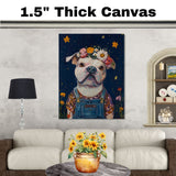 Cute Plump Dog in Overalls Painting Adorable Floral Crown Pup Artwork Perfect for Cozy Home Office Nursery Dog Lovers Wall Decor Gift for Pet and Art Enthusiasts on Ready to Hang 1.5" Thick Canvas Wrap, Floating Framed Canvas, Flat Rolled Canvas