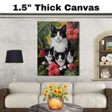 Enchanted Tropics: Tuxedo Cat Mom and Three Kittens Amidst Lush Greenery on Ready to Hang 1.5" Thick Canvas Wrap, Floating Framed Canvas, Flat Rolled Canvas