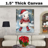 Whimsical Christmas Lamb Ice Skating Under Winter Lights in Red Sweater and Santa Hat – Sweet Holiday Animal Art for Nursery Decor, Gifts, and Seasonal Joy on Ready to Hang 1.5" Thick Canvas Wrap, Floating Framed Canvas, Flat Rolled Canvas
